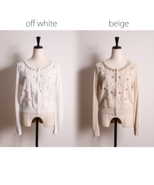 チェックオーガン×パール装飾ニットカーディガン 【komola コモーラ  