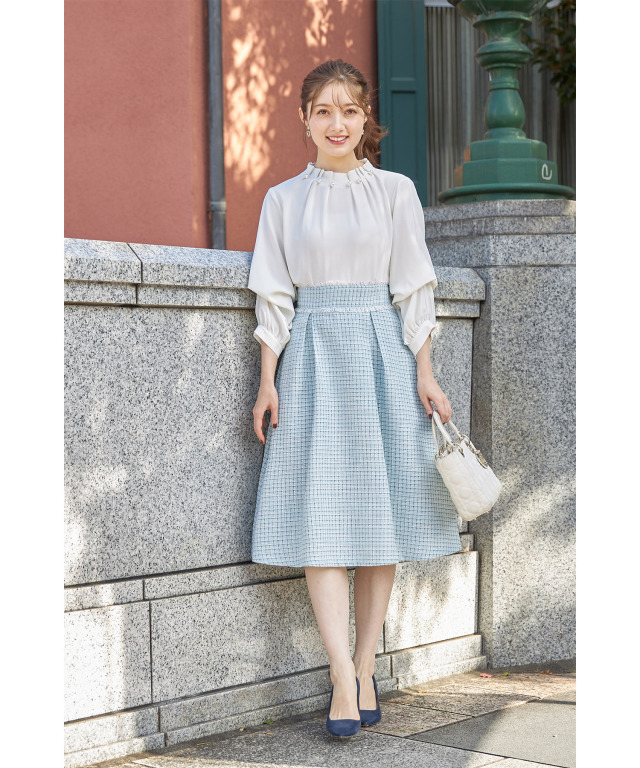 chesty ツイードフリンジスカート（フリンジ切替サイドベルト付  