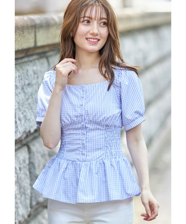 ウエストシャーリング切り替えギンガムチェックペプラムブラウス 