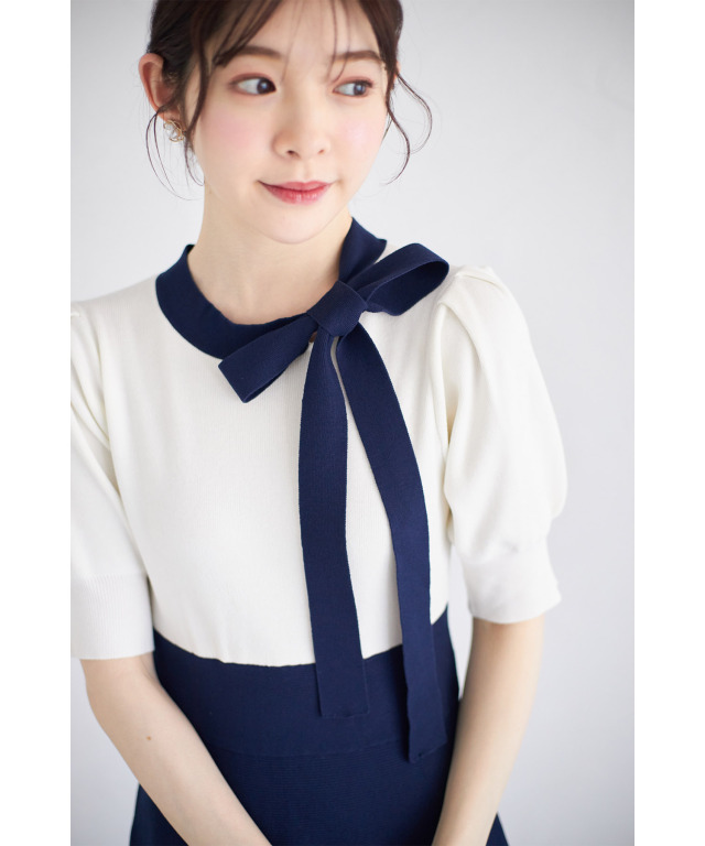 tocco 新品　サイドボウタイリボン配色ニットワンピース サイドボウタイリボン配色ニットワンピース（ワンピース