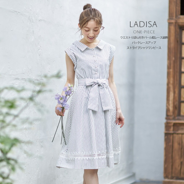 ウエストりぼん付きパール釦レース装飾バックレースアップストライプシャツワンピース