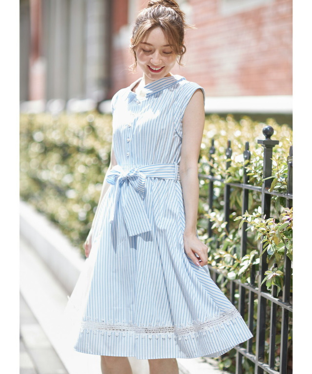 ウエストりぼん付きパール釦レース装飾バックレースアップストライプシャツワンピース