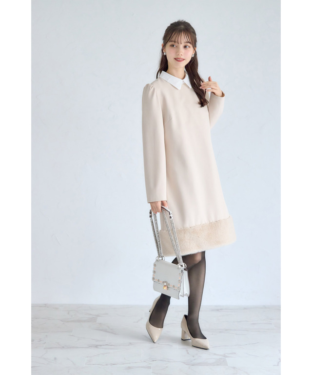新品タグ付 裾プリーツ 衿つきドッキングカットワンピース 140㎝ dazzlin ラッフルカラー付長袖ドッキングカットリブワンピース