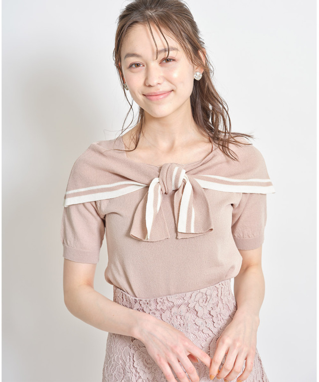 いつでも今っぽく女らしく♪配色ライン入りオフショル風ボウタイニット 