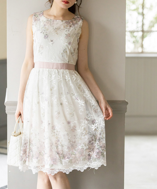 ウエスト配色ライン入りフラワープリント×フラワー刺繍チュールワンピース 