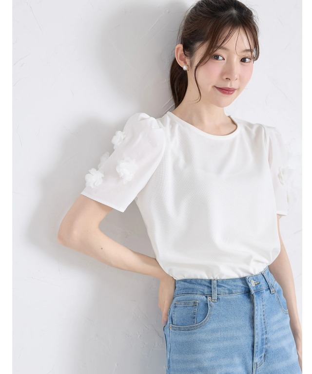 ♡専用♡ 立体フラワーモチーフ付きシアー切り替えニットプルオーバー