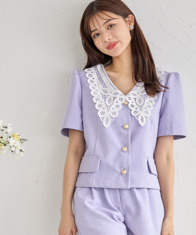 L'Or Summer Tweed Blouse ロル サマーツイードブラウス SET]バイカラーサマーツイードフレンチスリーブブラウス+サマー