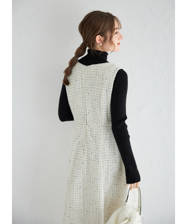 ポケットパールビジュー付きスパンコールツイードワンピース 