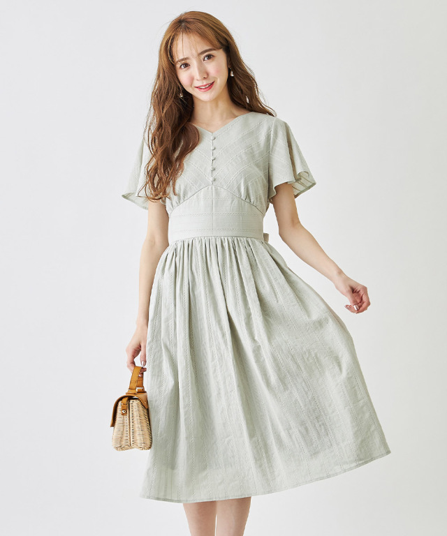 ストライプレース織りコットンワンピース