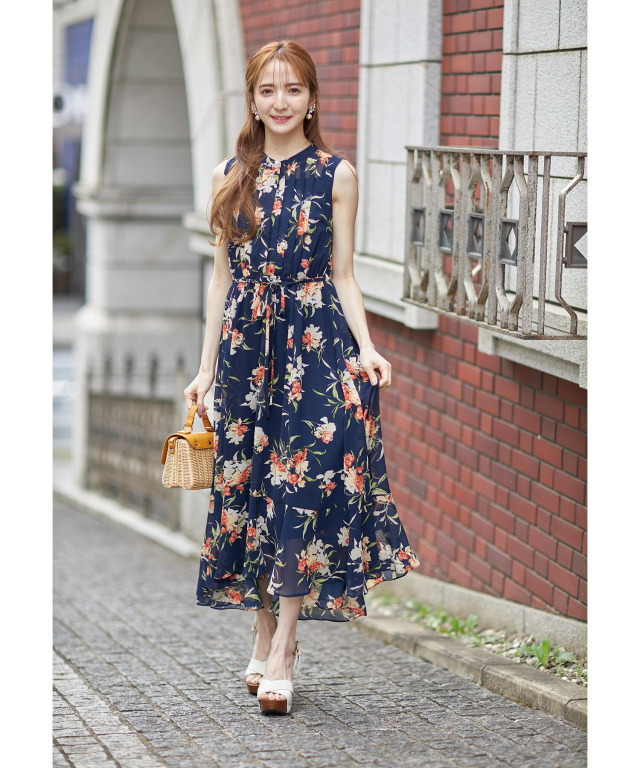 ペチコート付きウエストりぼんタックフラワープリントワンピース  