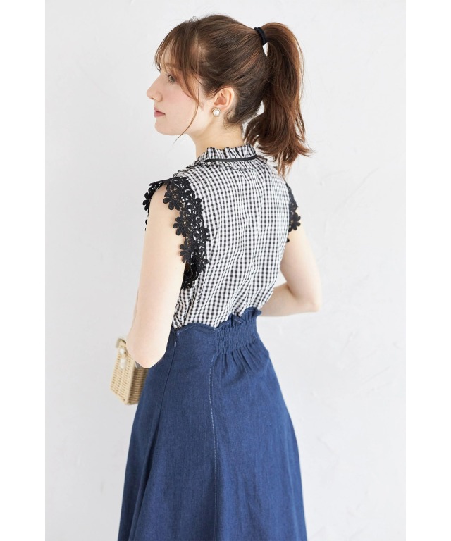Vent d'ouest 綿麻ワッシャーチェックバックリボン半袖ブラウス