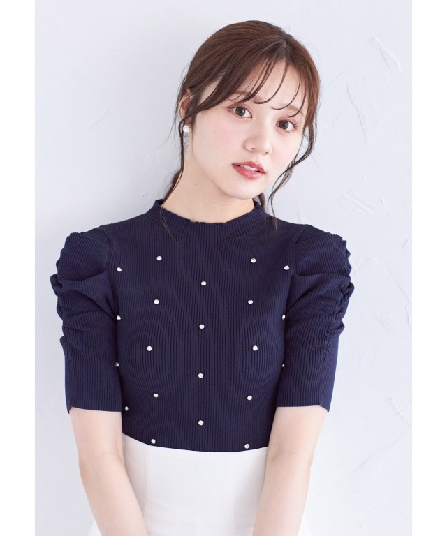 tocco - トッコ♡ クリアビジュー＆フラワーモチーフ付きリブニットプルオーバー ネイビー クリアビジュー付きパワーショルダーリブニットプルオーバー
