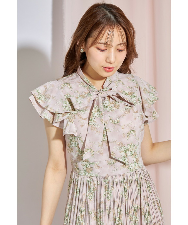ボウタイりぼんプリーツ切替フラワープリント令嬢ワンピース 