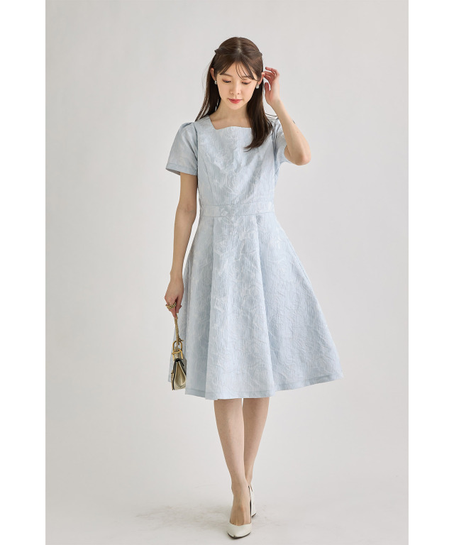 スクエアネックフラワージャガードタックフレアワンピース 