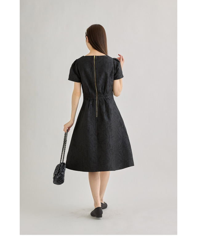 スクエアネックフラワージャガードタックフレアワンピース 