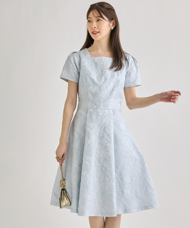 スクエアネックフラワージャガードタックフレアワンピース 