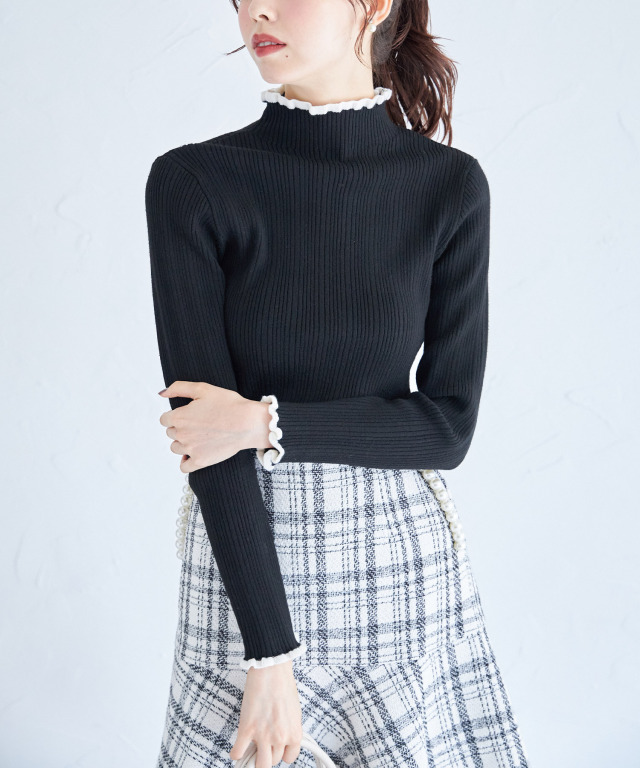 つい触りたくなる柔らか素材♪マシュマロタッチ配色フリルリブニット