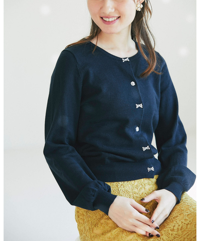 リボン＆フラワーパールビジュー装飾カーディガン 