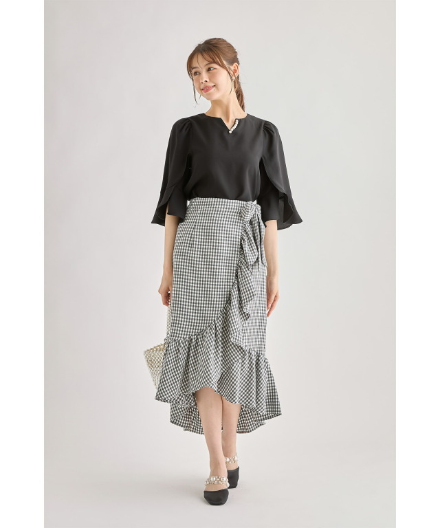 匿名配送】春夏 6段フリルスカート サックス×ホワイトドット （裏サラ  