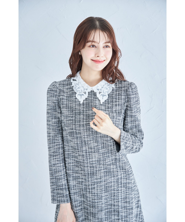 レース襟付きツイード見えジャガードワンピース 