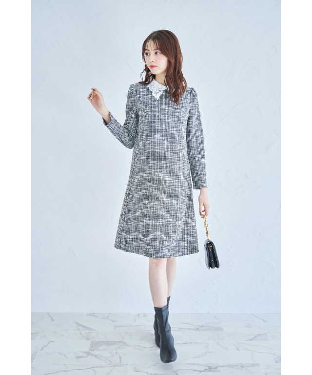 レース襟付きツイード見えジャガードワンピース 