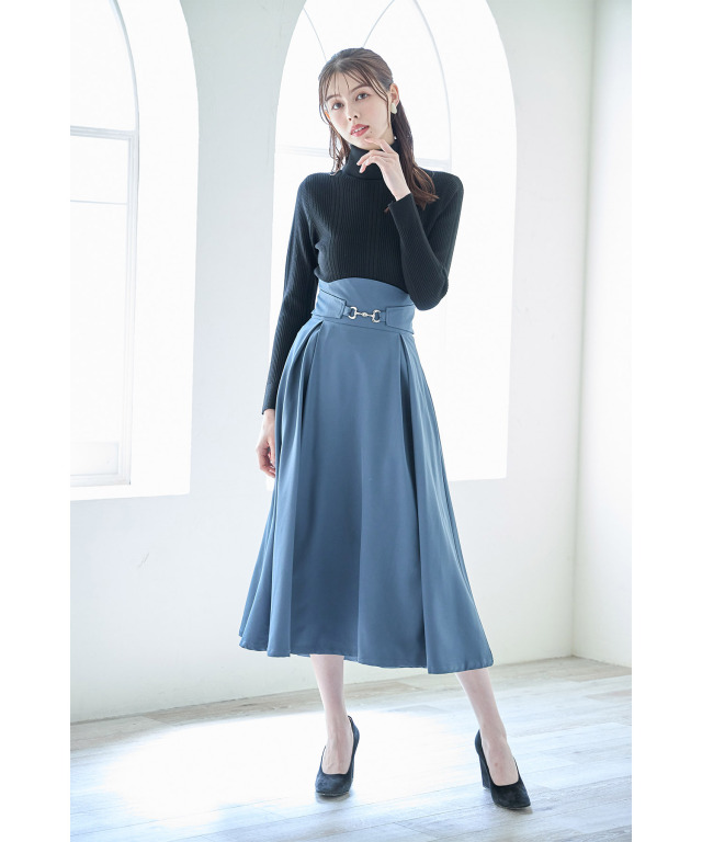 plage CASH TOUCH flare スカート　ネイビー ビット付きスカラップハイウエストバックレースアップタック