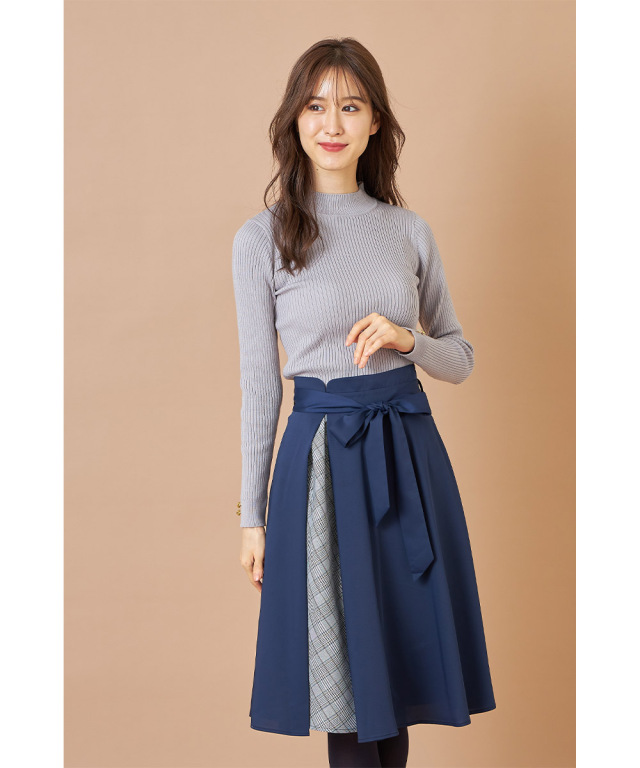 ウエストリボン付きチェック柄切り替えフレアスカート 