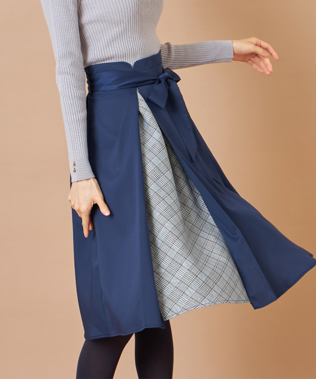 ウエストリボン付きチェック柄切り替えフレアスカート 