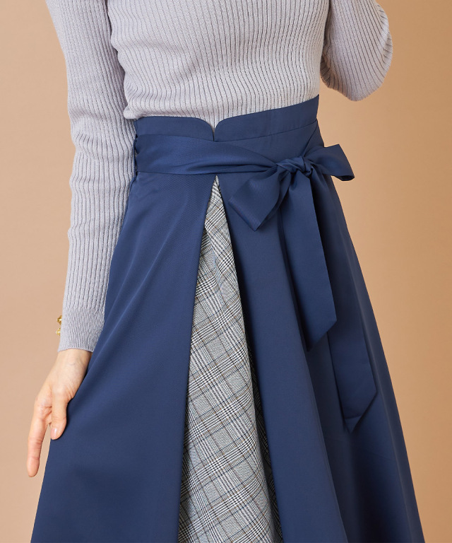 ウエストリボン付きチェック柄切り替えフレアスカート 