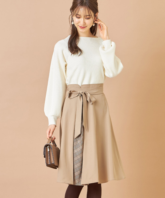 ウエストリボン付きチェック柄切り替えフレアスカート 