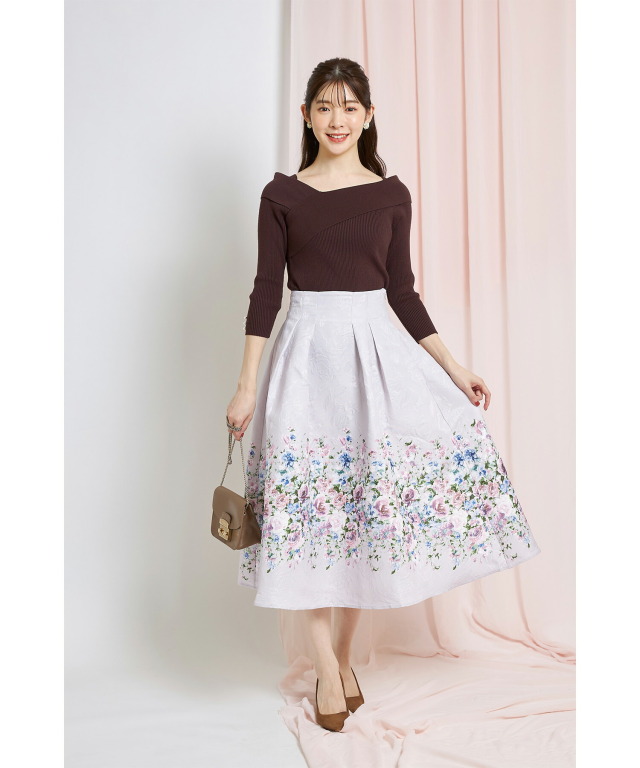 フラワープリント×ローズジャガードタックフレアスカート 