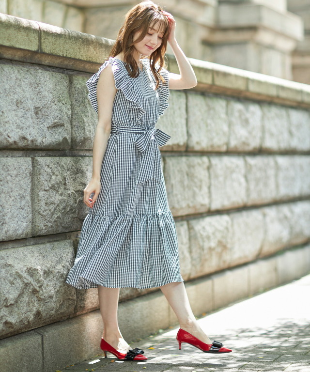 ウエストりぼん付きラッフルスリーブギンガムチェックワンピース