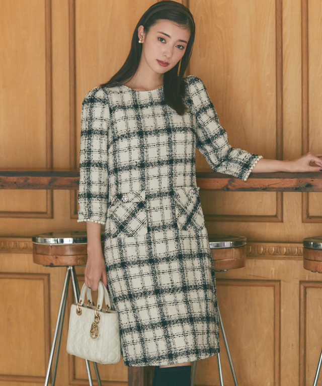 ポケット付きパール装飾チェック柄ツイードワンピース