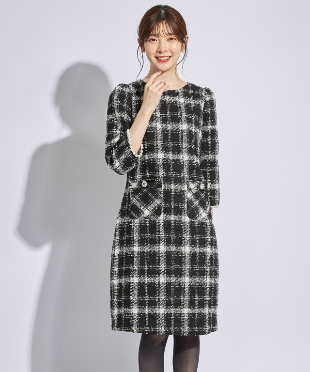 ポケット付きパール装飾チェック柄ツイードワンピース 
