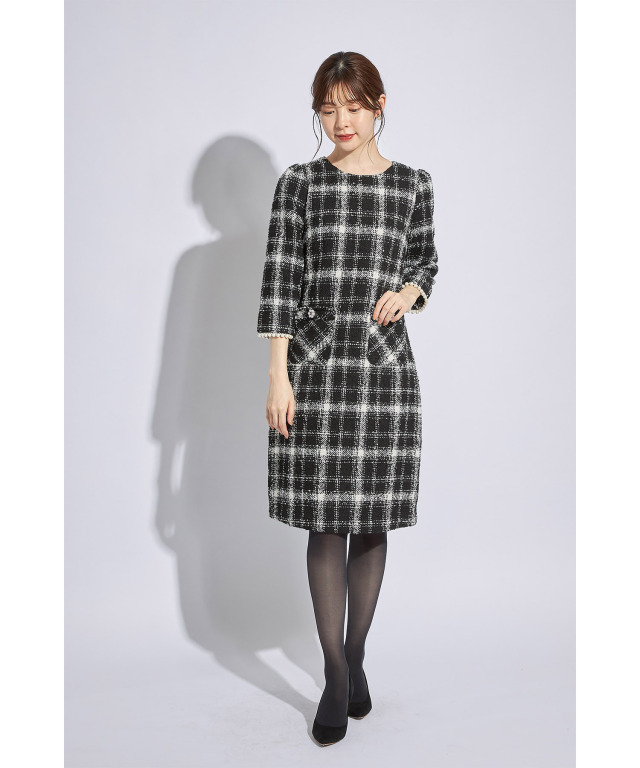 ポケット付きパール装飾チェック柄ツイードワンピース 