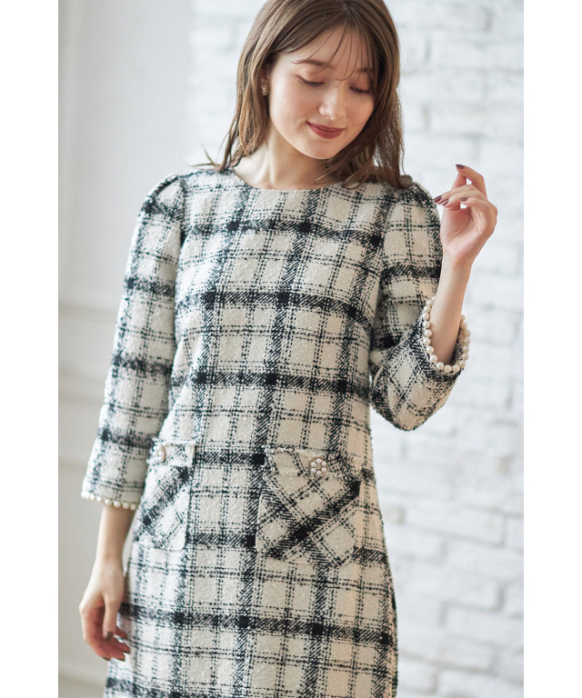 ポケット付きパール装飾チェック柄ツイードワンピース 