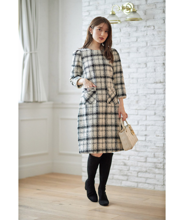ポケット付きパール装飾チェック柄ツイードワンピース 