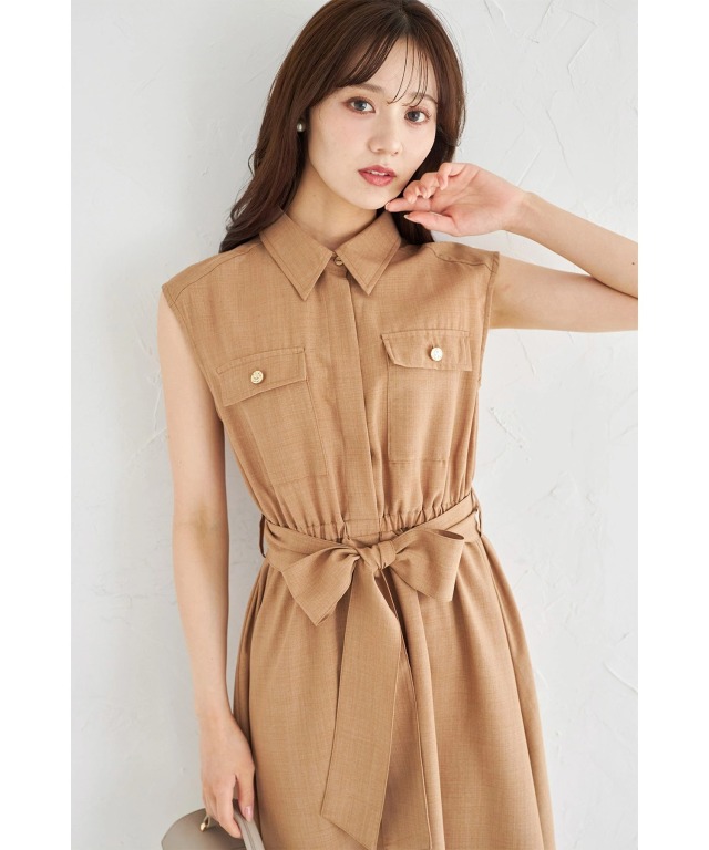 ウエストリボン付きゴールドボタン綿麻タッチシャツワンピース
