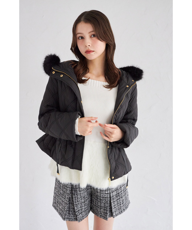 フードファー取り外し可能ドロスト付きキルティングショートコート