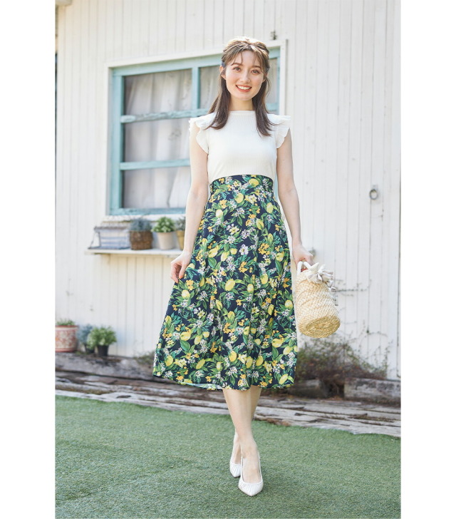 ウエストりぼん付き肩フリルリブカットソー×レモンプリントドッキング  