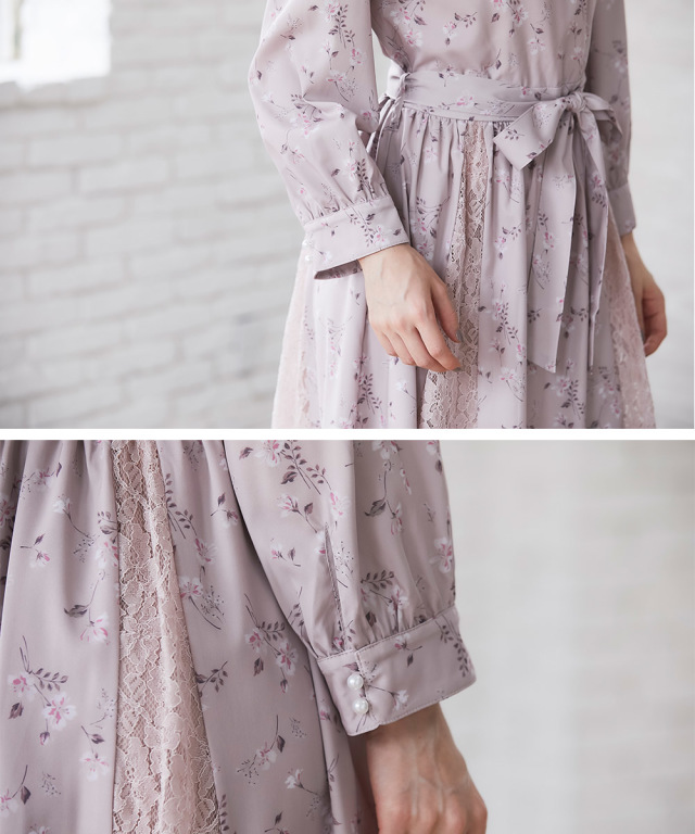 ウエストりぼん付きパール装飾レース切替フラワープリントワンピース