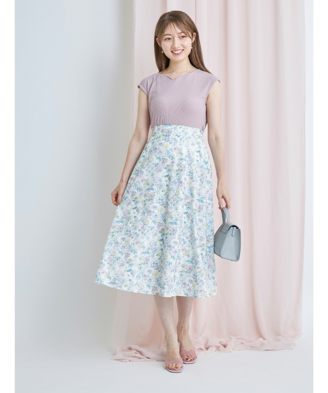 ウエストりぼん付きハートネックリブカットソー×フラワープリント  