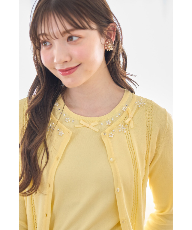 リボン＆パールビジュー付き透かし編みカーディガン