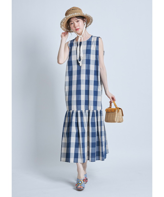 後ろりぼん付きノースリーブギンガムチェックマキシワンピース 