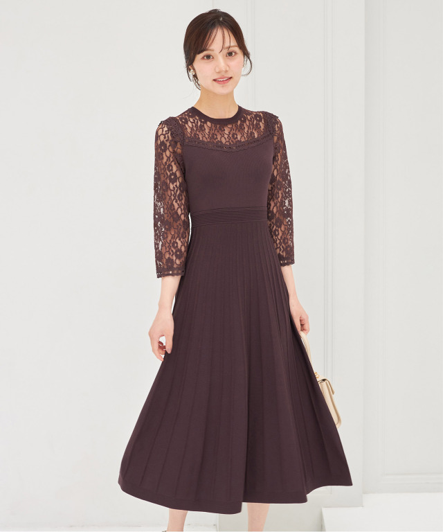 レースドッキングニットプリーツワンピース