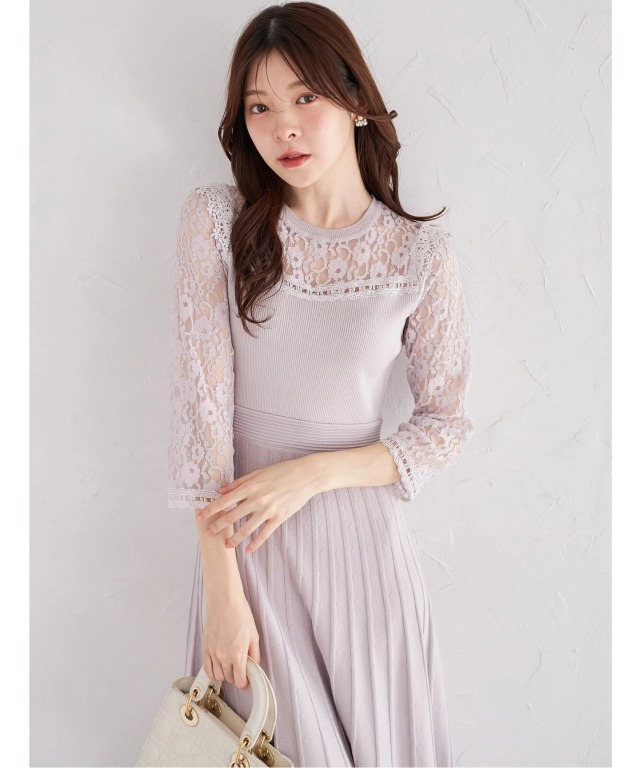レースドッキングニットプリーツワンピース