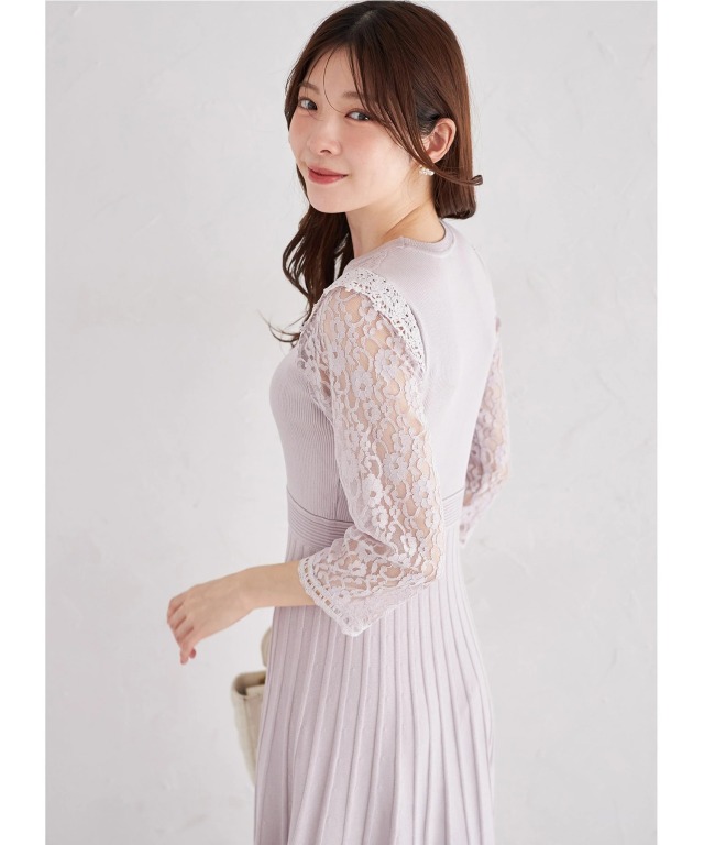レースドッキングニットプリーツワンピース
