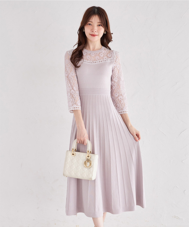 レースドッキングニットプリーツワンピース