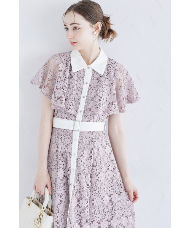 ベルト付き配色ケープライクフラワーレースシャツワンピース 