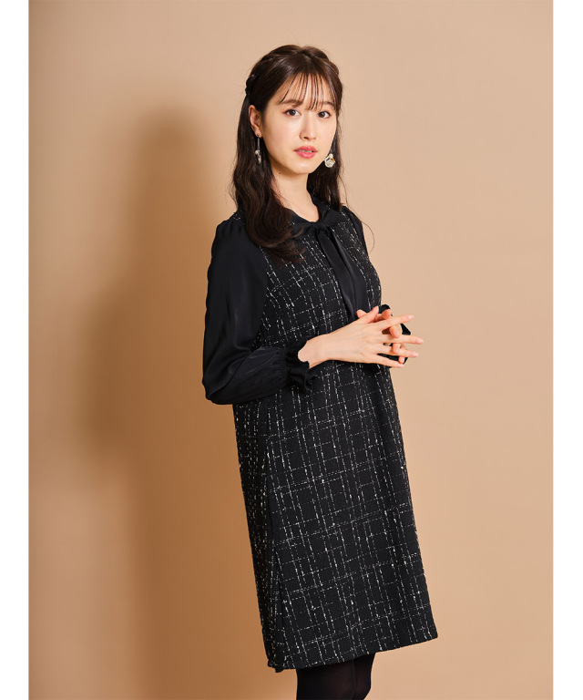 クラシカルに着こなすシフォン×ツイード切替ボウタイりぼん  